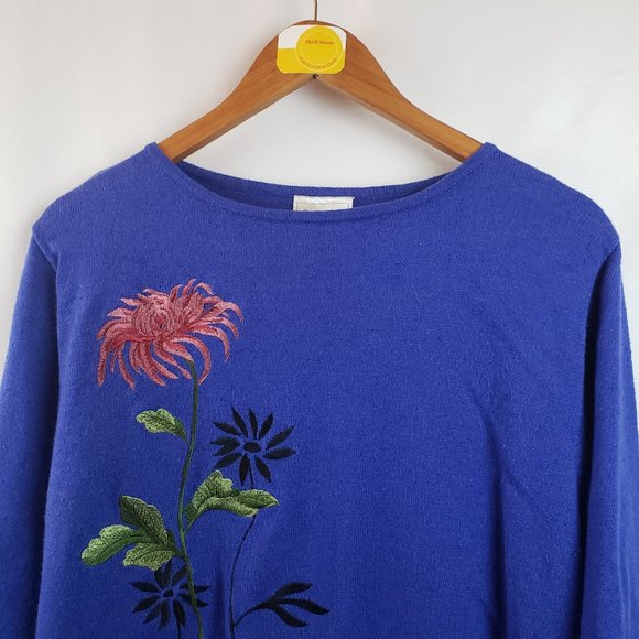 Yi Lin Womens Floral Pullover Sweater Silk Blue - Picture 3 of 6